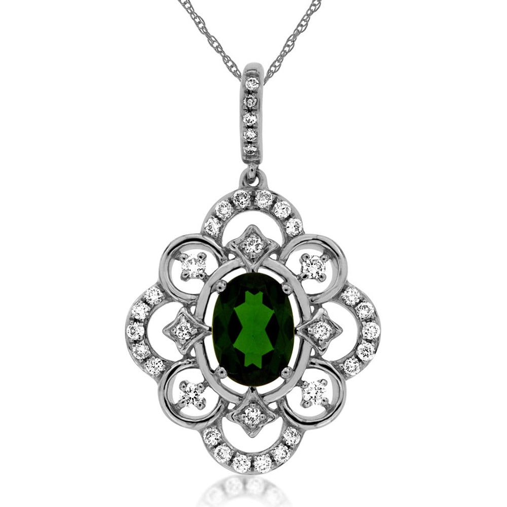 14K White Gold Floral Halo Pendant with Oval Cut Russalite and Round Diamonds - 0.95 Carat Russalite and 0.24 Carat Total Diamond Weight - Royal Jewelry