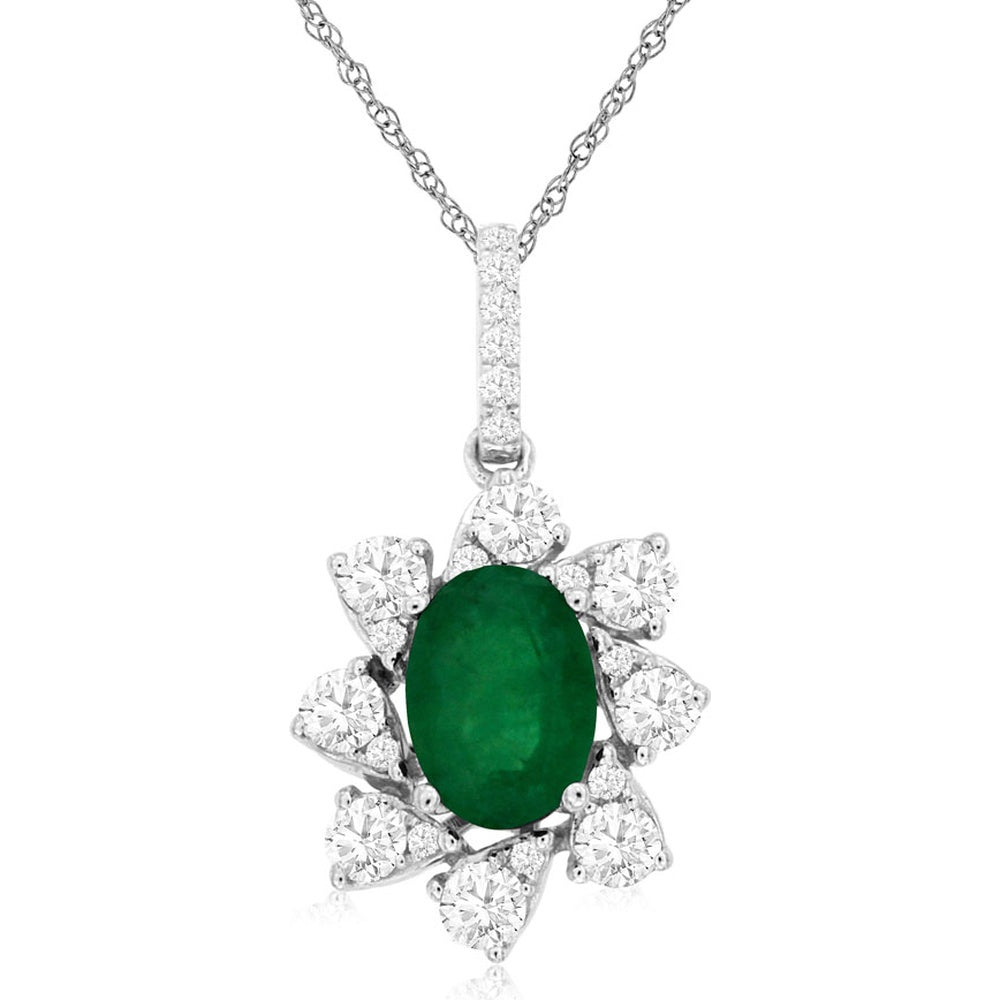 14K White Gold Floral Halo Pendant with Oval Emerald and Pear-Shaped Diamonds - 0.70 Carat Emerald and 0.47 Carat Total Diamond Weight - Royal Jewelry