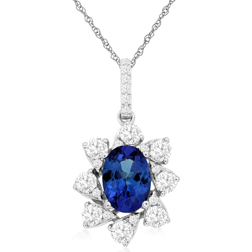 14K White Gold Floral Halo Pendant with Oval Tanzanite and Round Diamonds - 0.84 Carat Tanzanite and 0.47 Carat Total Diamond Weight - Royal Jewelry