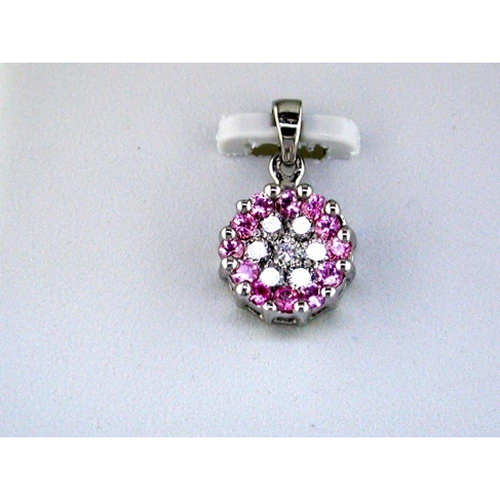 14K White Gold Floral Halo Pendant with Round Diamonds (0.25ct) and Round Pink Sapphires (0.40ct) - 0.65 Carat Total Gem Weight - Royal Jewelry