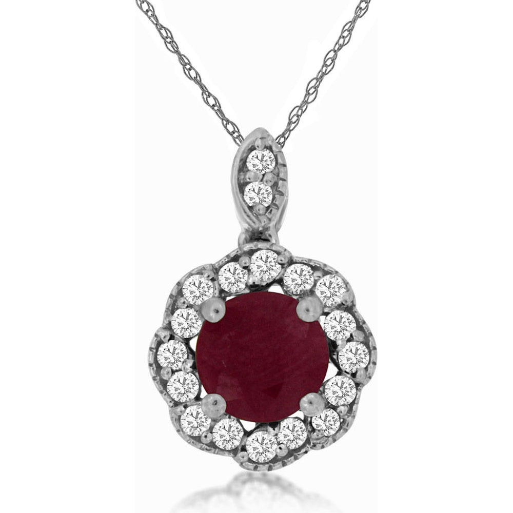 14K White Gold Floral Halo Pendant with Round Ruby and Diamond Accents - 0.77 Carat Ruby and 0.16 Carat Total Diamond Weight - Royal Jewelry