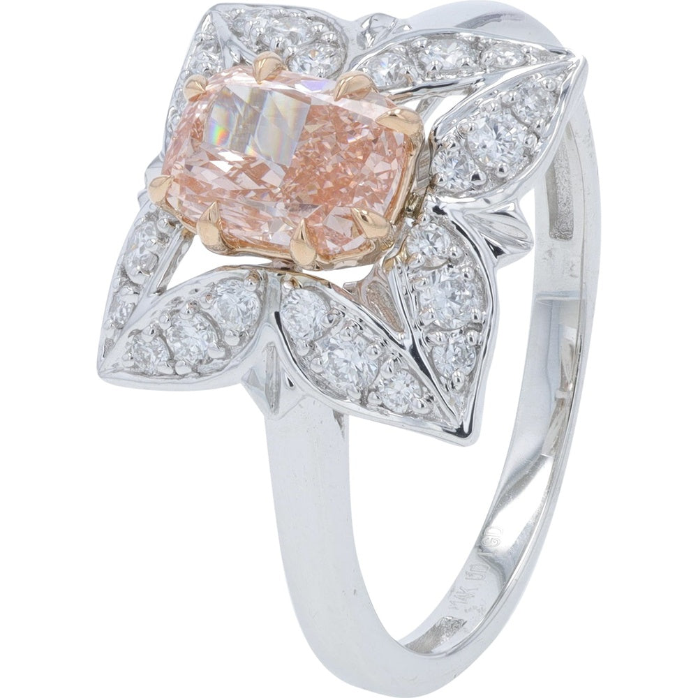 14K White Gold Floral Halo Ring with 1.00 Carat Oval Pink Lab Grown Diamond and Pavé Set Round Diamonds - 1.40 Carat Total Diamond Weight