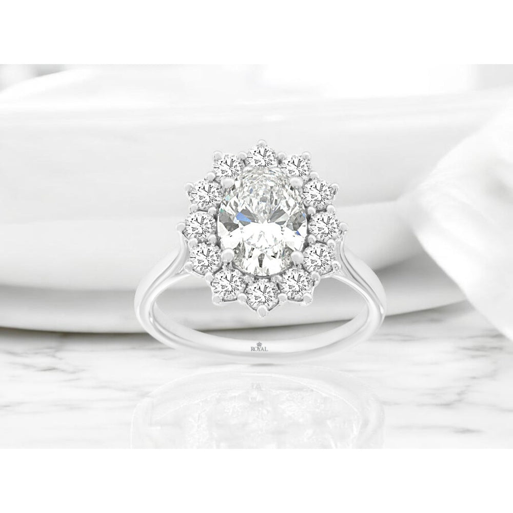 14K White Gold Floral Halo Ring with Oval-Cut Lab Grown Diamond - 2.65 Carat Total Diamond Weight - Royal Jewelry