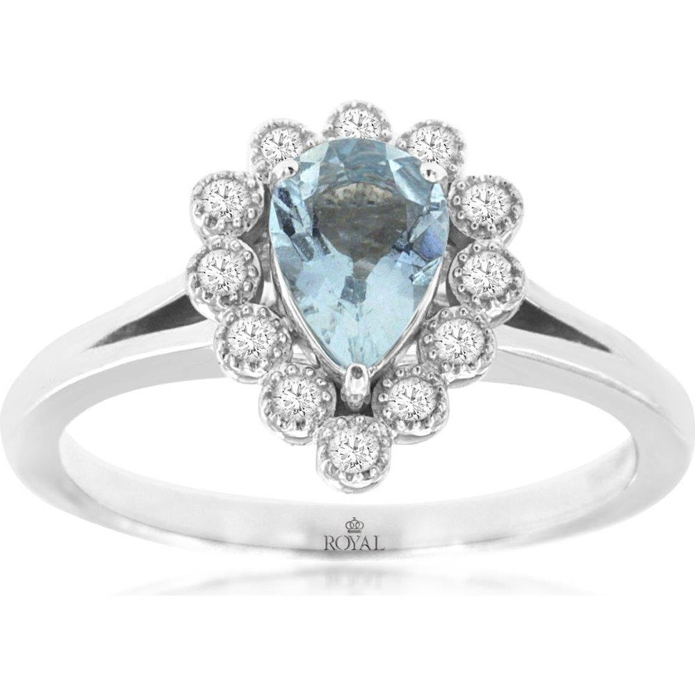 14K White Gold Floral Halo Ring with Pear-Shaped Aquamarine and Round Diamond Accents - 0.65 Carat Aquamarine and 0.14 Carat Total Diamond Weight - Royal Jewelry