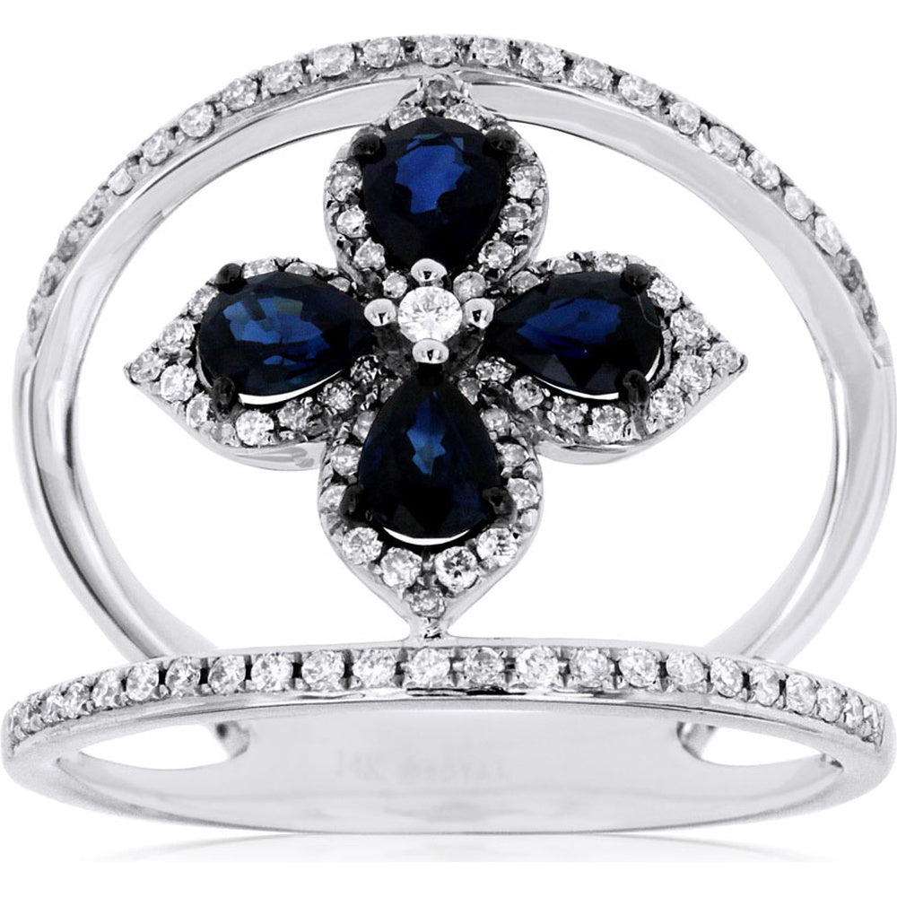 14K White Gold Floral Halo Ring with Pear-Shaped Blue Sapphires and Round Diamonds - 0.73 Carat Sapphire and 0.32 Carat Diamond Total Weight - Royal Jewelry