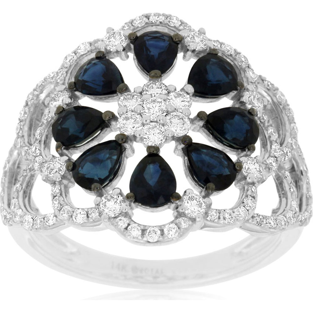14K White Gold Floral Halo Ring with Pear-Shaped Sapphires and Round Diamonds - 1.75 Carat Sapphire and 0.75 Carat Diamond Total Weight - Royal Jewelry