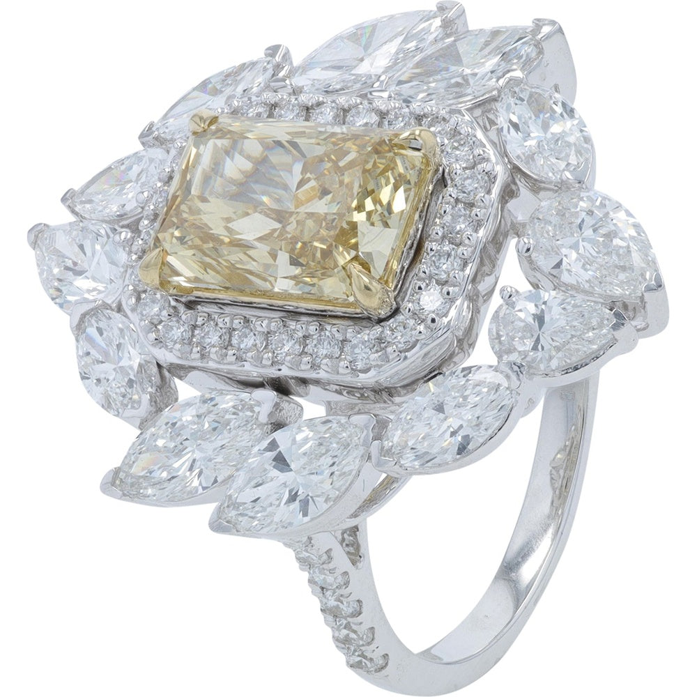 14K White Gold Floral Halo Ring with Radiant Cut Cognac Lab Grown Diamond and Marquise-Pear Accents - 5.50 Carat Total Diamond Weight