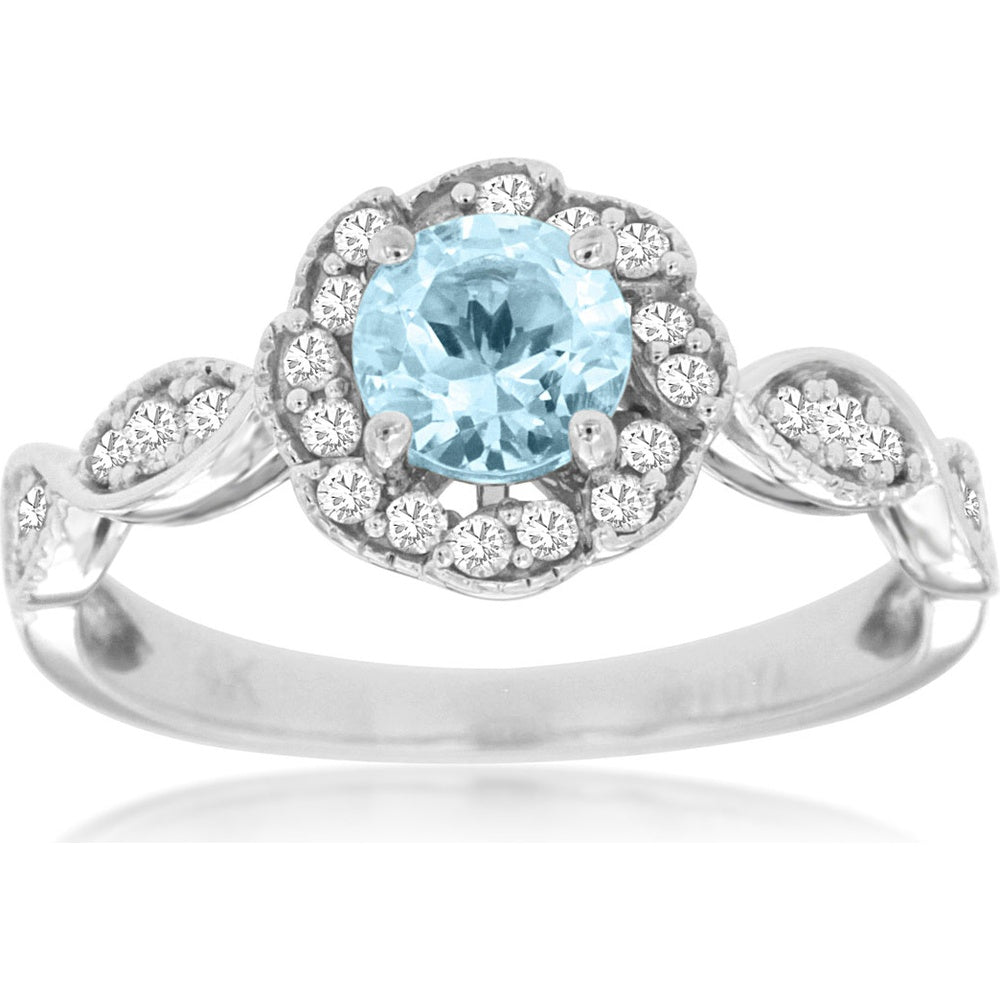 14K White Gold Floral Halo Ring with Round Aquamarine and Diamond Accents - 0.55 Carat Aquamarine and 0.27 Carat Total Diamond Weight - Royal Jewelry