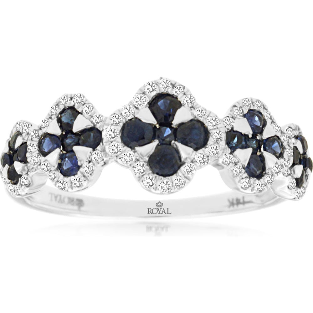 14K White Gold Floral Halo Ring with Round Blue Sapphires and Diamond Accents - 0.70 Carat Total Sapphire Weight and 0.22 Carat Total Diamond Weight - Royal Jewelry