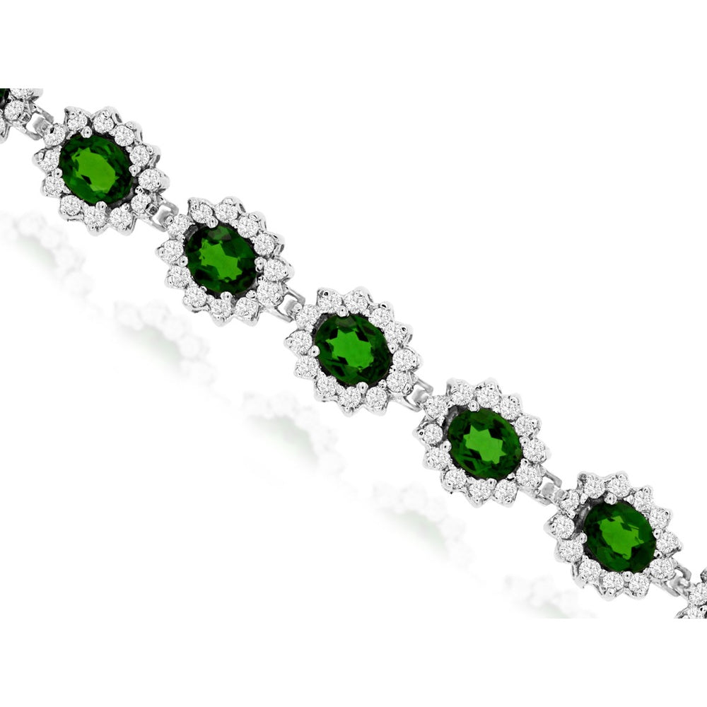 14K White Gold Floral Halo Station Bracelet with Oval Cut Russalite and Round Diamonds - 7.75 Carat Russalite and 2.45 Carat Diamond Total Weight - Royal Jewelry