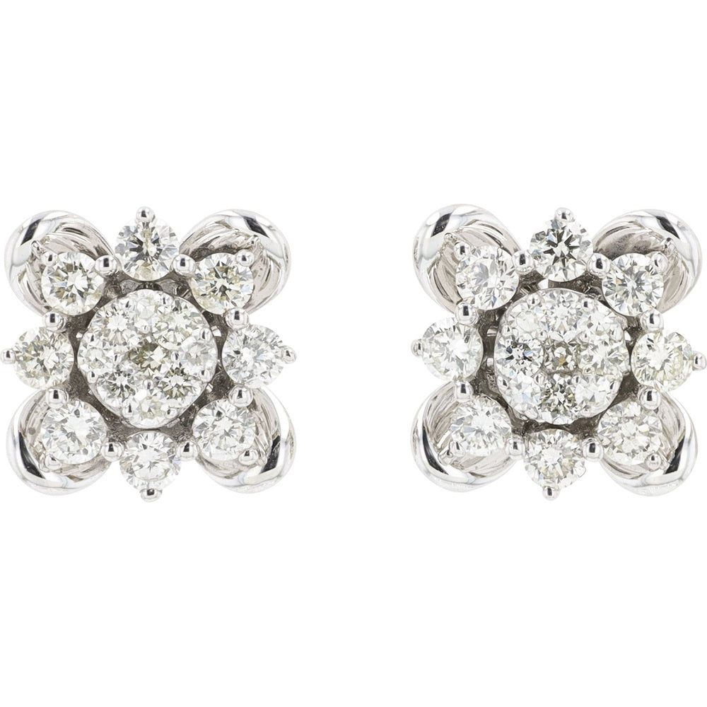 14K White Gold Floral Halo Stud Earrings with Prong-Set Round Diamonds - 0.50 Carat Total Diamond Weight
