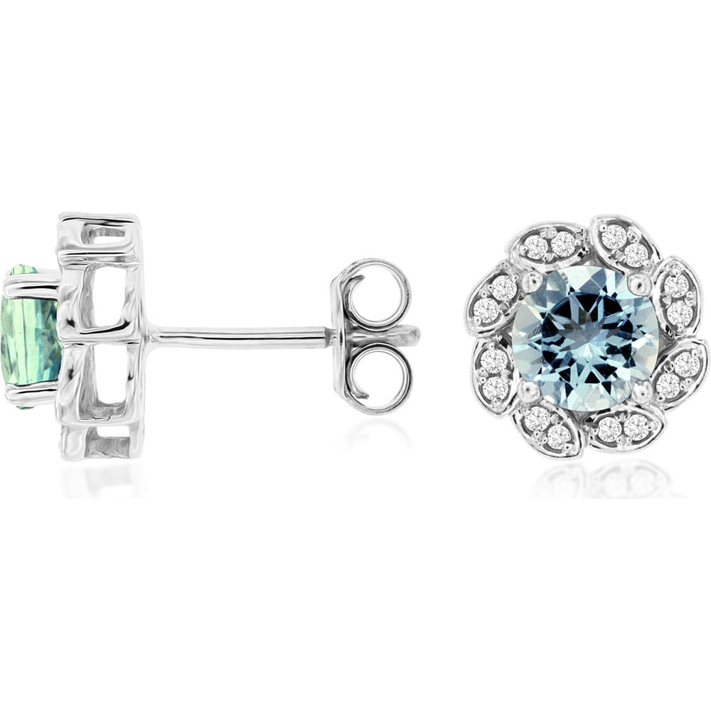 14K White Gold Floral Halo Stud Earrings with Round Aquamarine and Diamond Petals - 1.10 Carat Total Aquamarine Weight and 0.12 Carat Total Diamond Weight - Royal Jewelry