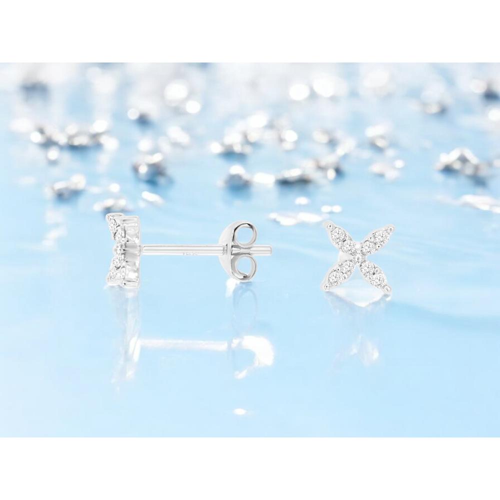 14K White Gold Floral-Inspired Diamond Stud Earrings with Round Brilliant Cut Stones - 0.15 Carat Total Diamond Weight - Royal Jewelry