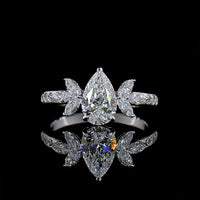 14K White Gold Floral-Inspired Pear Shape Diamond Ring with Marquise and Round Side Stones - 1.41 Carats Total Diamond Weight (1.00 Carats Center D VVS2 Lab Diamond) - Covaloro Fine Jewelry