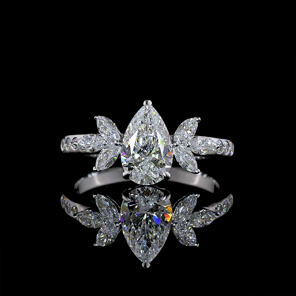 14K White Gold Floral-Inspired Pear Shape Diamond Ring with Marquise and Round Side Stones - 1.41 Carats Total Diamond Weight (1.00 Carats Center D VVS2 Lab Diamond) - Covaloro Fine Jewelry