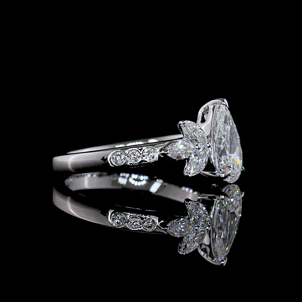 14K White Gold Floral-Inspired Pear Shape Diamond Ring with Marquise and Round Side Stones - 1.41 Carats Total Diamond Weight (1.00 Carats Center D VVS2 Lab Diamond) - Covaloro Fine Jewelry