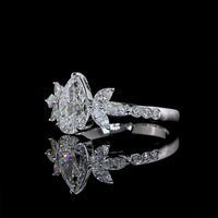 14K White Gold Floral-Inspired Pear Shape Diamond Ring with Marquise and Round Side Stones - 1.41 Carats Total Diamond Weight (1.00 Carats Center D VVS2 Lab Diamond) - Covaloro Fine Jewelry