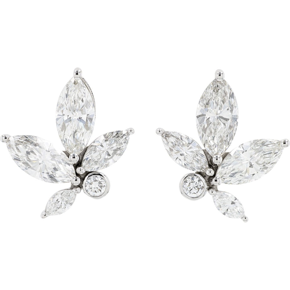 14K White Gold Floral Leaf Cluster Earrings with Marquise and Round Lab Grown Diamonds - 4.25 Carat Total Diamond Weight