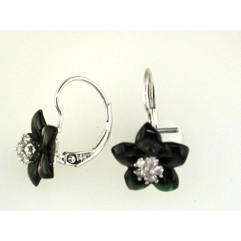 14K White Gold Floral Lever-Back Earrings with Black Mother-of-Pearl Petals and Round Diamond Clusters - 0.12 Carat Total Diamond Weight - Royal Jewelry