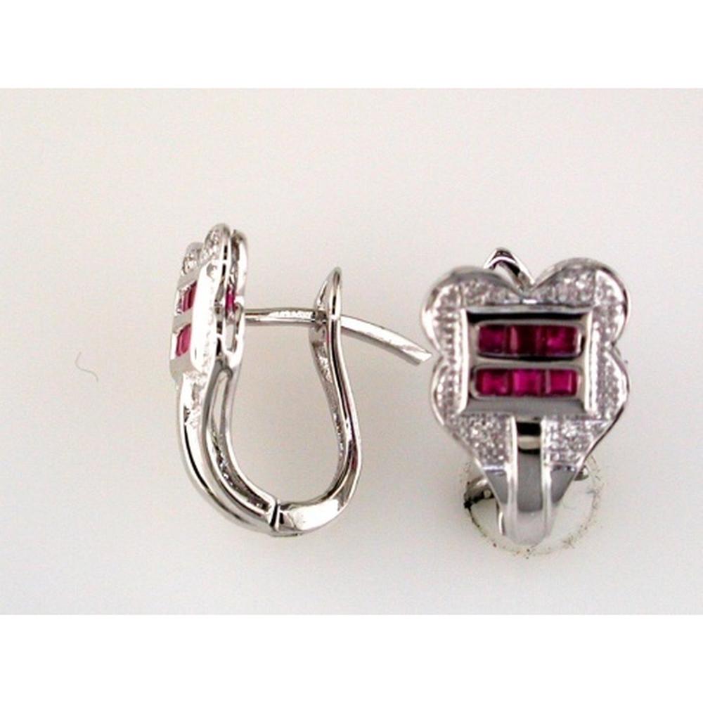 14K White Gold Floral Lever-Back Earrings with Princess Cut Ruby and Round Diamond Accents - 0.47 Carat Ruby Total Weight, 0.03 Carat Diamond Total Weight - Royal Jewelry
