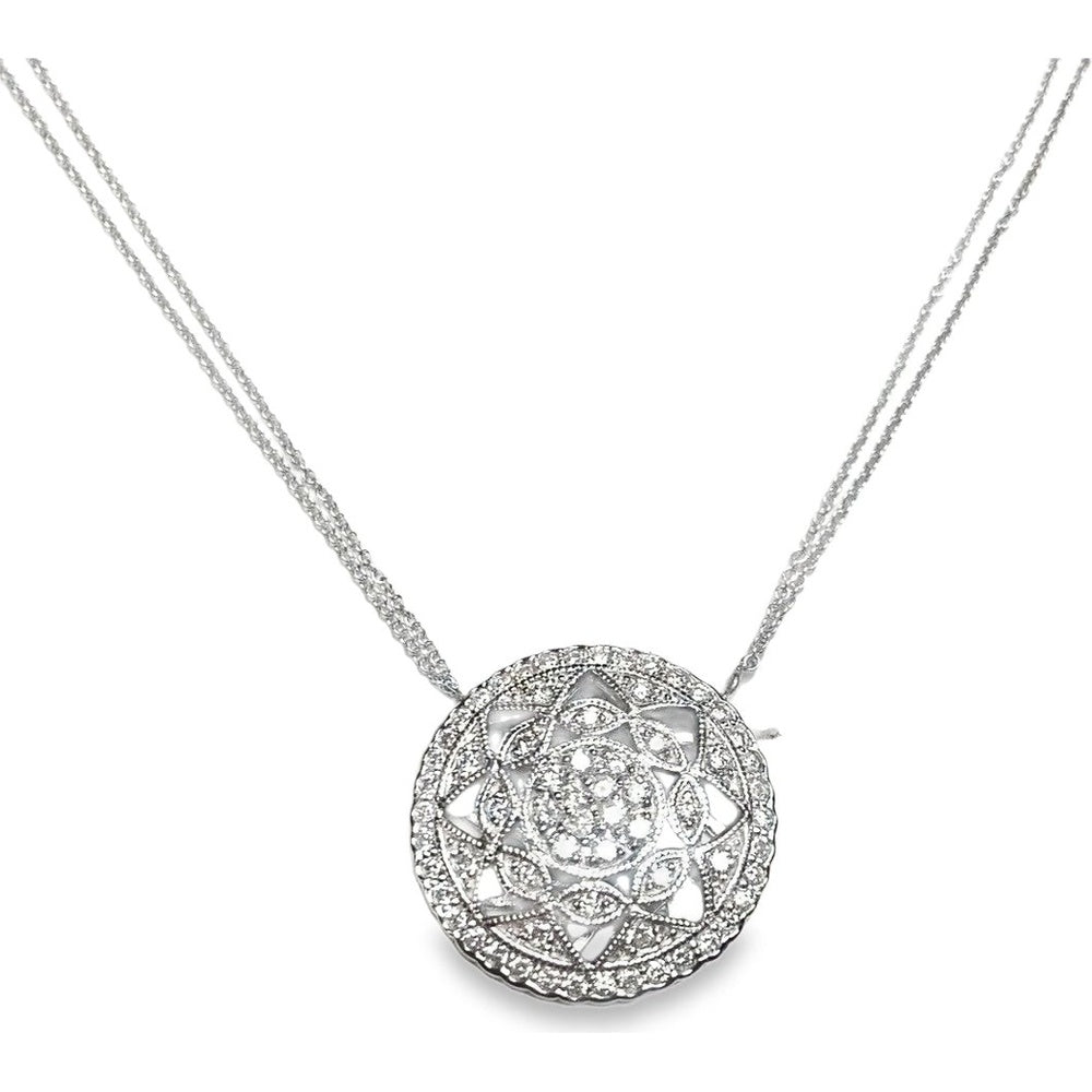 14K White Gold Floral Medallion Pendant Necklace with Milgrain Detailing and Round Diamonds - 1.12 Carat Total Diamond Weight by Auriventus