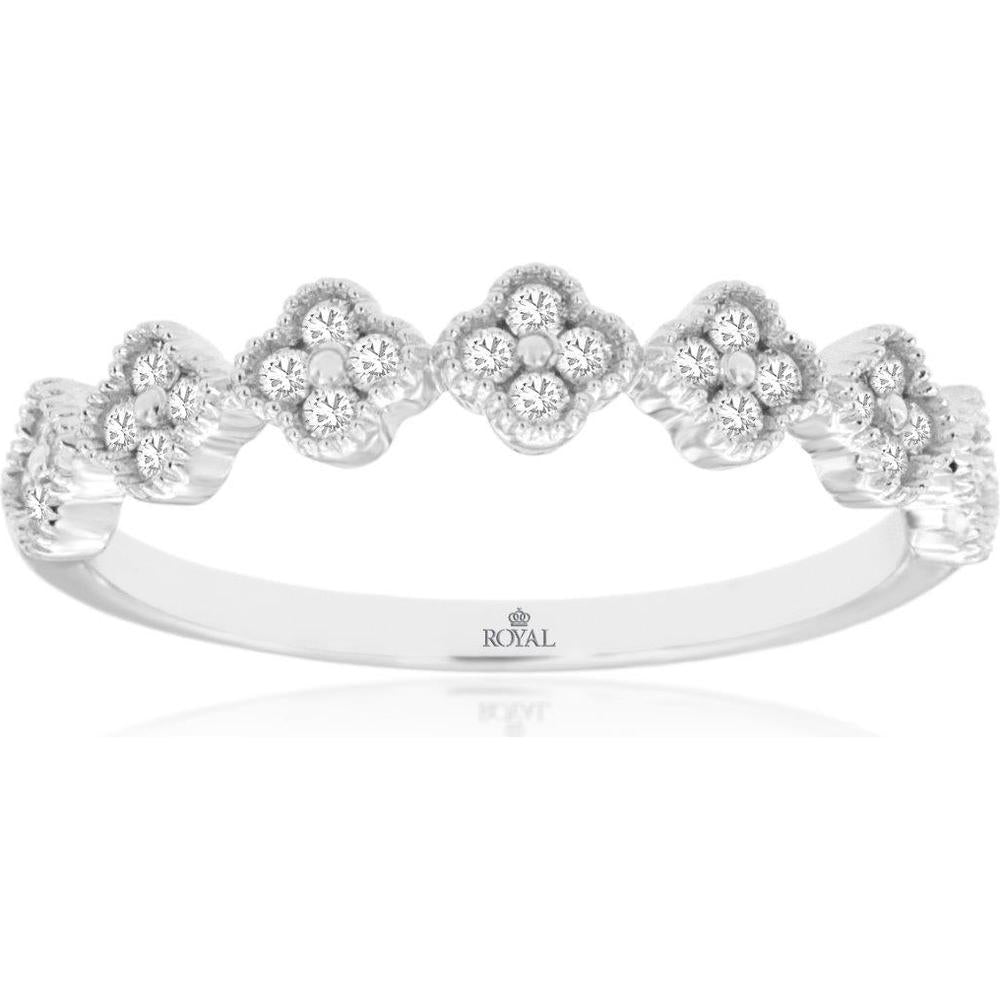14K White Gold Floral Milgrain Diamond Wedding Band with 0.25 Carat Total Weight Round Brilliant Cut Diamonds in Prong and Halo Setting - Royal Jewelry