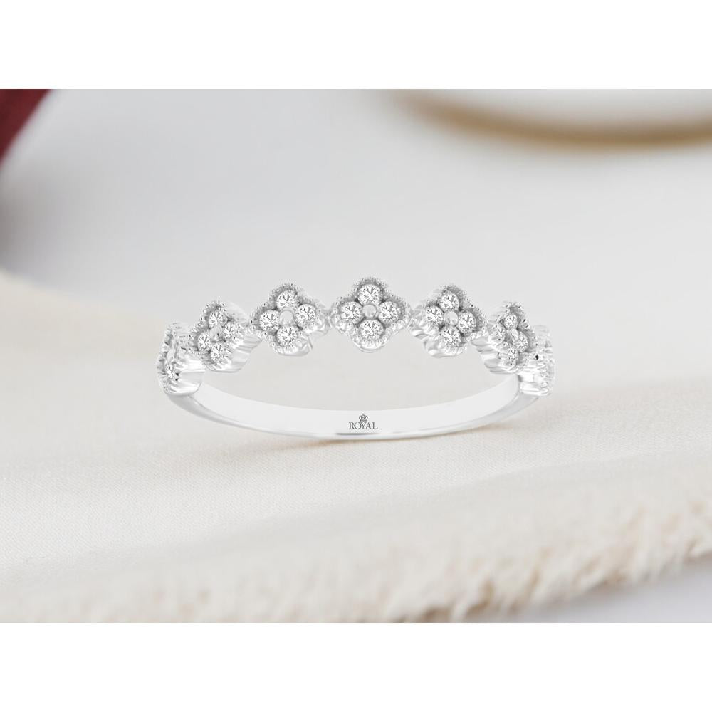 14K White Gold Floral Milgrain Diamond Wedding Band with 0.25 Carat Total Weight Round Brilliant Cut Diamonds in Prong and Halo Setting - Royal Jewelry