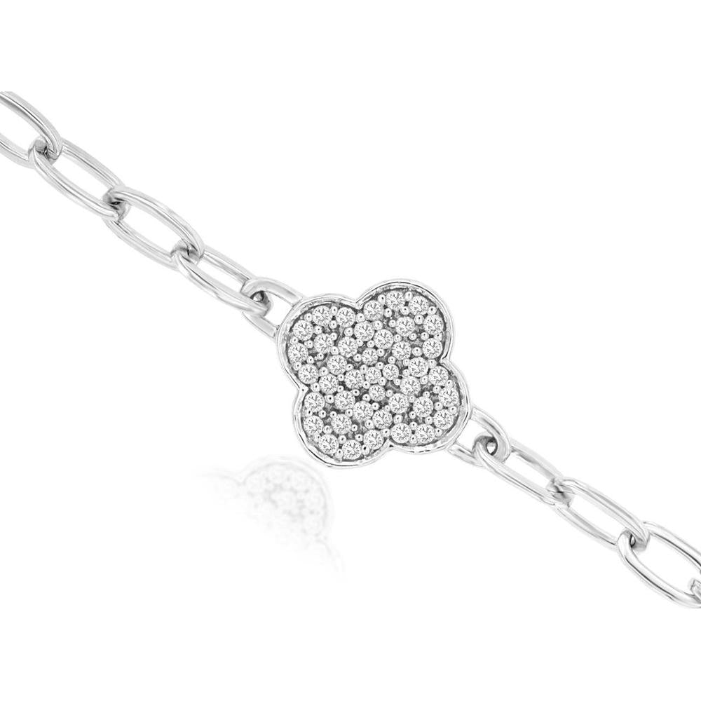 14K White Gold Floral Motif Bracelet with Pavé Set Round Diamonds - 0.25 Carat Total Diamond Weight - Royal Jewelry