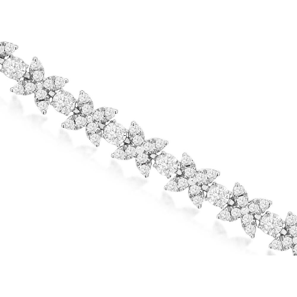 14K White Gold Floral Motif Diamond Bracelet with Round Brilliant Cut Stones - 3.2 Carat Total Diamond Weight - Royal Jewelry