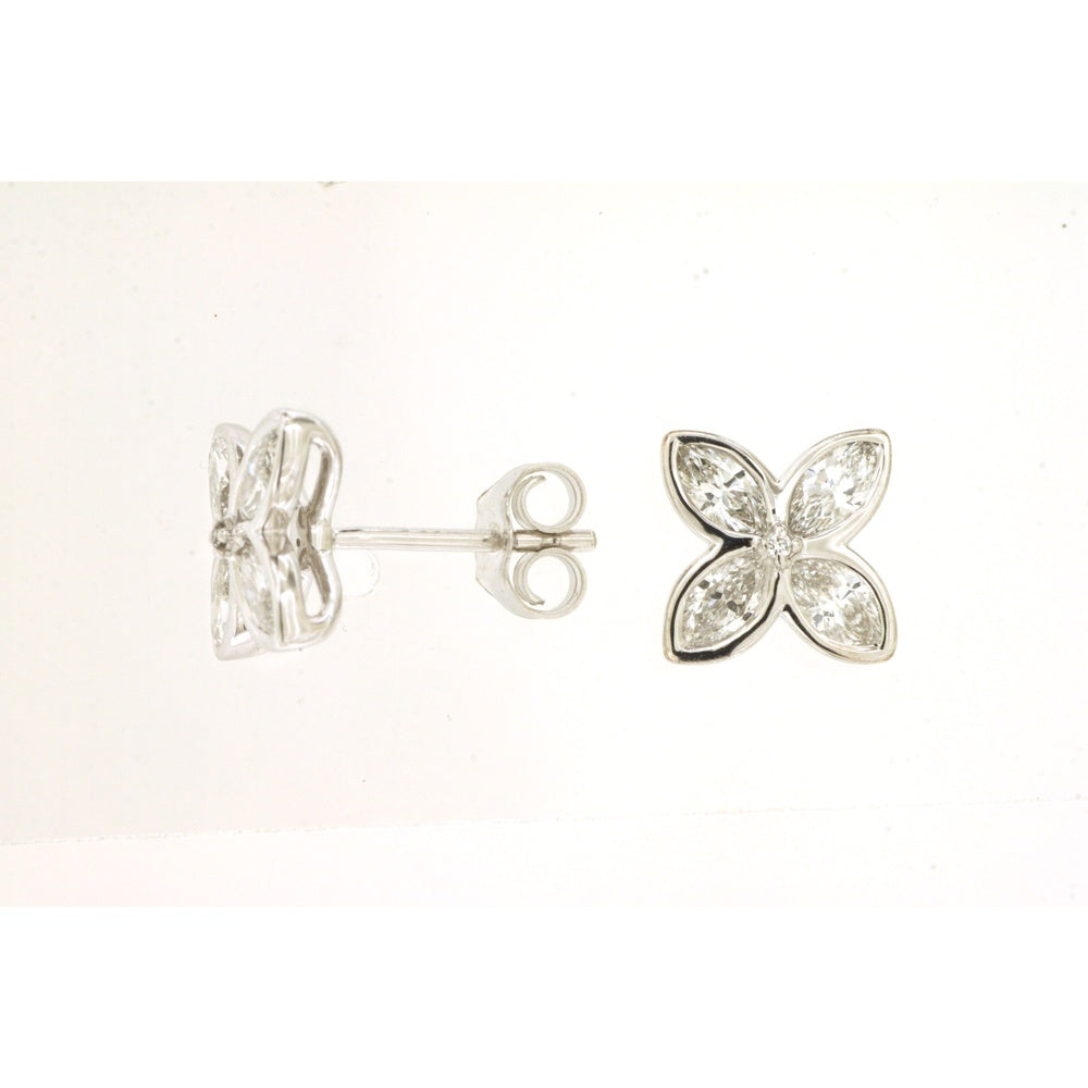 14K White Gold Floral Motif Earrings with Bezel-Set Marquise and Round Diamonds - 0.81 Carat Total Diamond Weight - Royal Jewelry