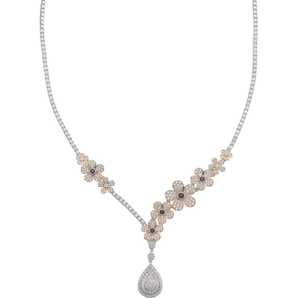 14K White Gold Floral Motif Necklace with Pavé Diamond Petals and Pear-Shaped Diamond Drop - 4.04 Carat Total Diamond Weight by Auriventus