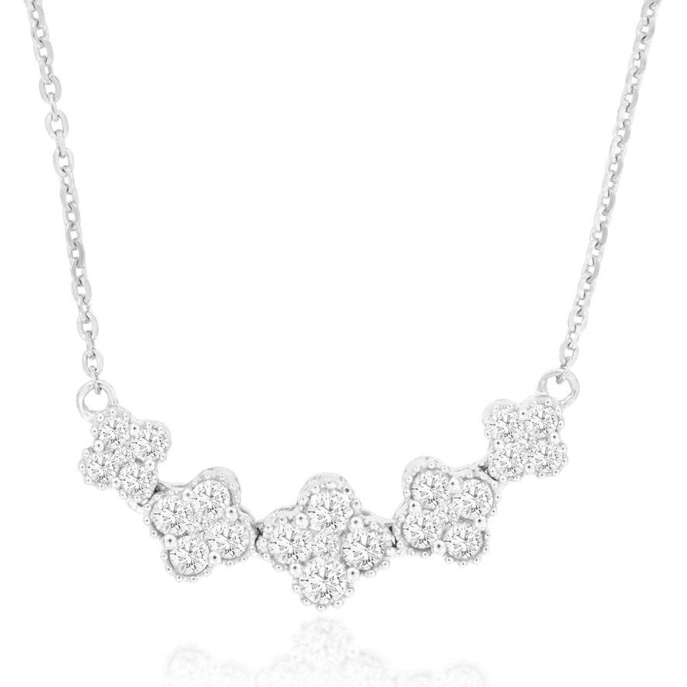 14K White Gold Floral Motif Necklace with Prong-Set Round Diamond Clusters - 0.66 Carat Total Diamond Weight - Royal Jewelry