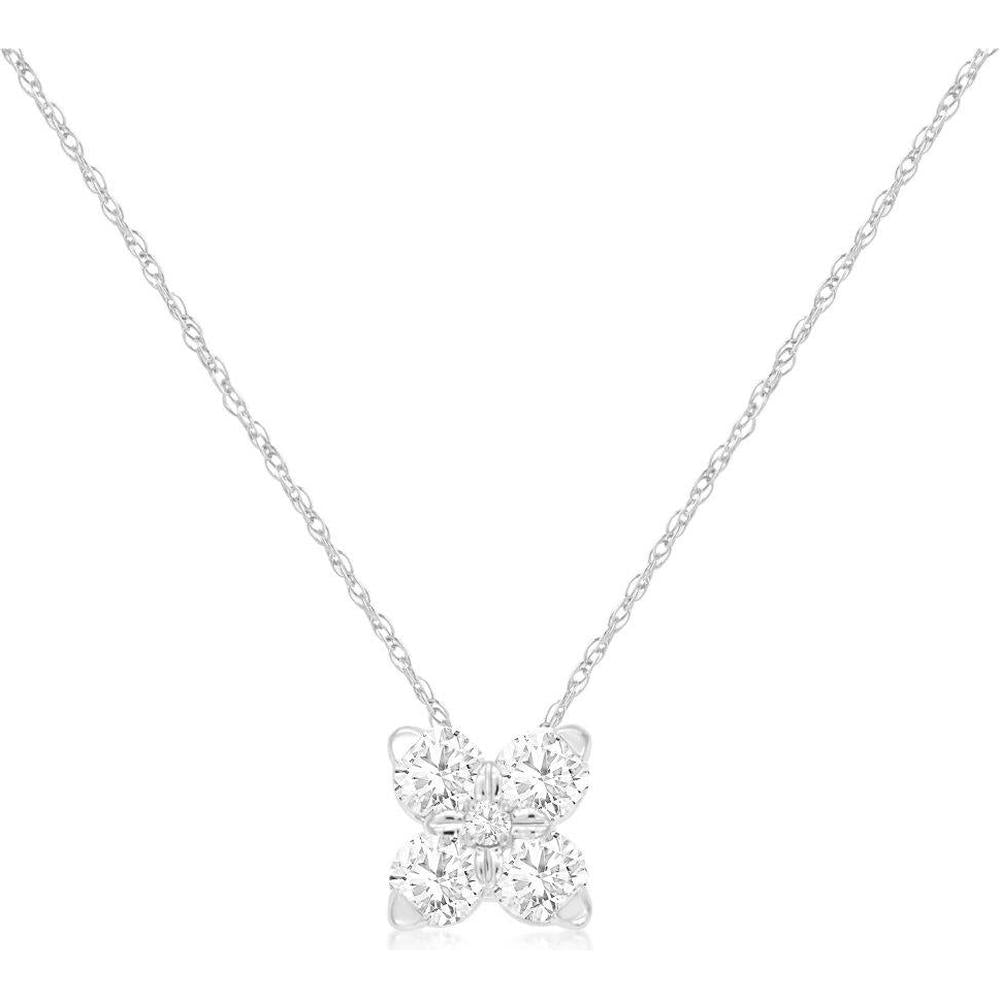 14K White Gold Floral Motif Pendant Necklace with Four Round Cut Diamonds - 0.37 Carat Total Diamond Weight - Royal Jewelry