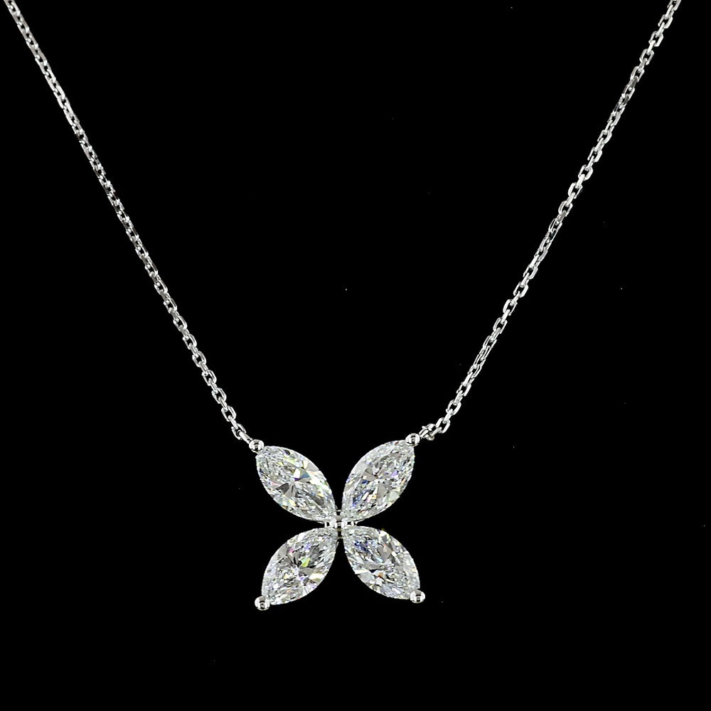 14K White Gold Floral Motif Pendant with Four Marquise Cut Lab Diamonds - 2.04 Carat Total Weight, E-F Color, VS1 Clarity - Covaloro Fine Jewelry