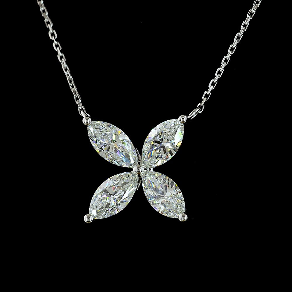 14K White Gold Floral Motif Pendant with Four Marquise Cut Lab Diamonds - 2.04 Carat Total Weight, E-F Color, VS1 Clarity - Covaloro Fine Jewelry