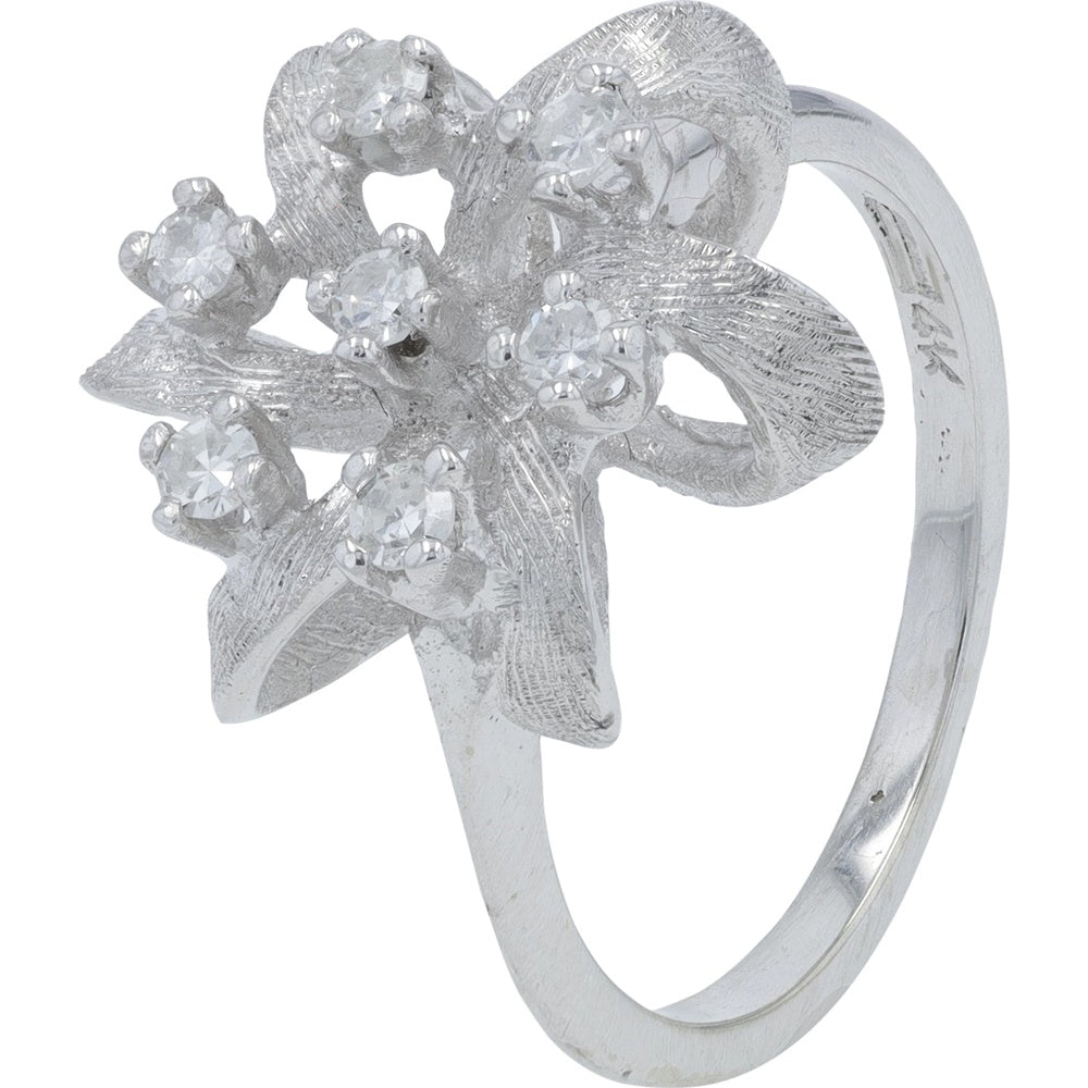 14K White Gold Floral Motif Ring with Brushed Textured Leaves and Prong-Set Round Diamonds - 0.20 Carat Total Diamond Weight