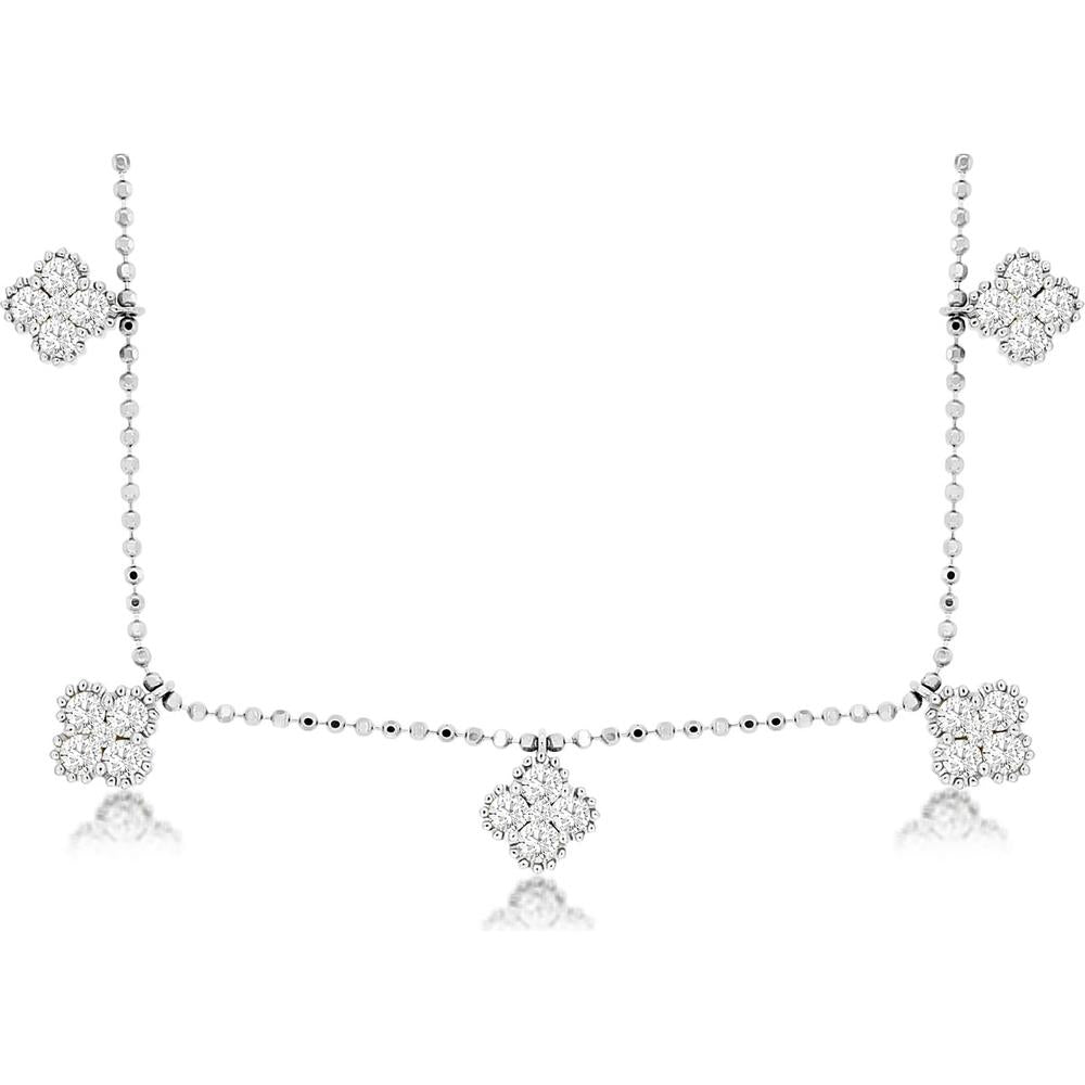 14K White Gold Floral Motif Station Necklace with Round Diamond Clusters and Milgrain Edging - 1.80 Carat Total Diamond Weight - Royal Jewelry