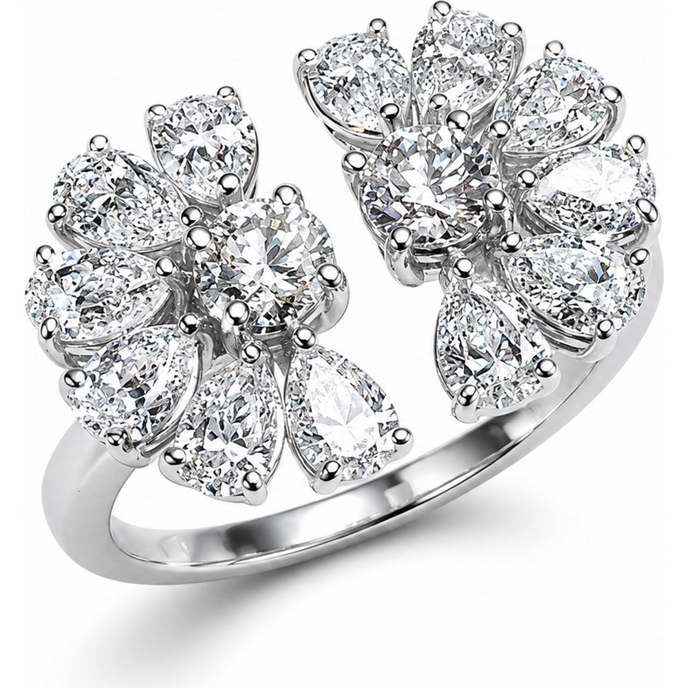 14K White Gold Floral Open Ring with Round and Pear-Shaped Diamonds - 1.94 Carat Total Diamond Weight by Auriventus