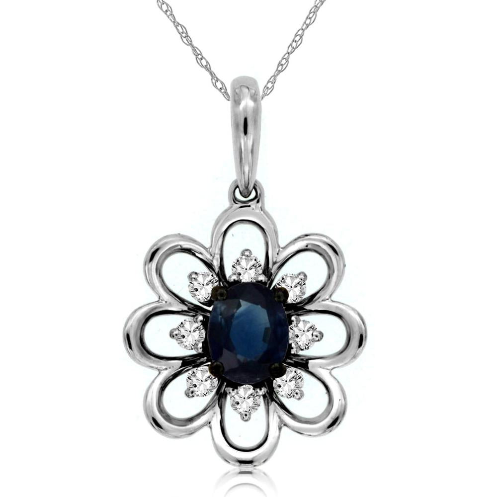 14K White Gold Floral Oval Sapphire and Diamond Pendant with 0.38 Carat Sapphire and 0.12 Carat Total Diamond Weight - Royal Jewelry