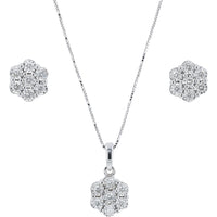 14K White Gold Floral Pendant and Stud Earring Set with Round Diamonds - 0.50 Carat Total Diamond Weight