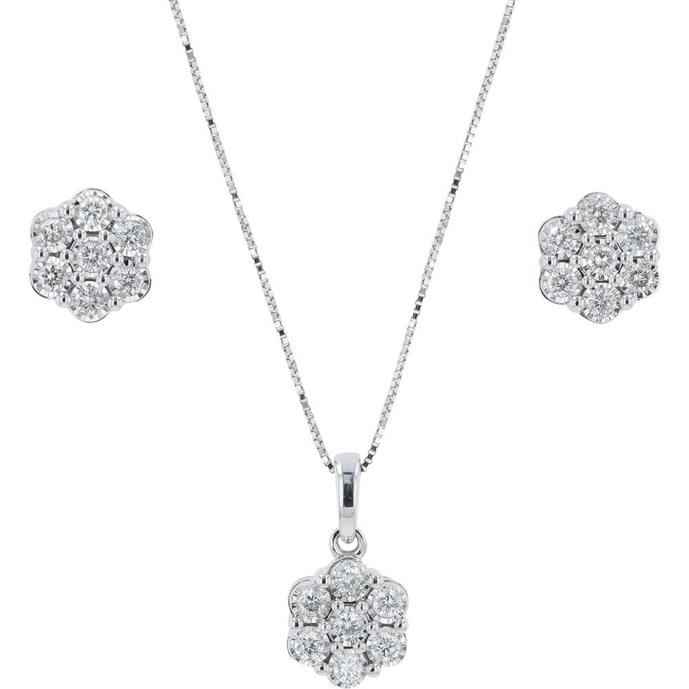 14K White Gold Floral Pendant and Stud Earring Set with Round Diamonds - 0.50 Carat Total Diamond Weight