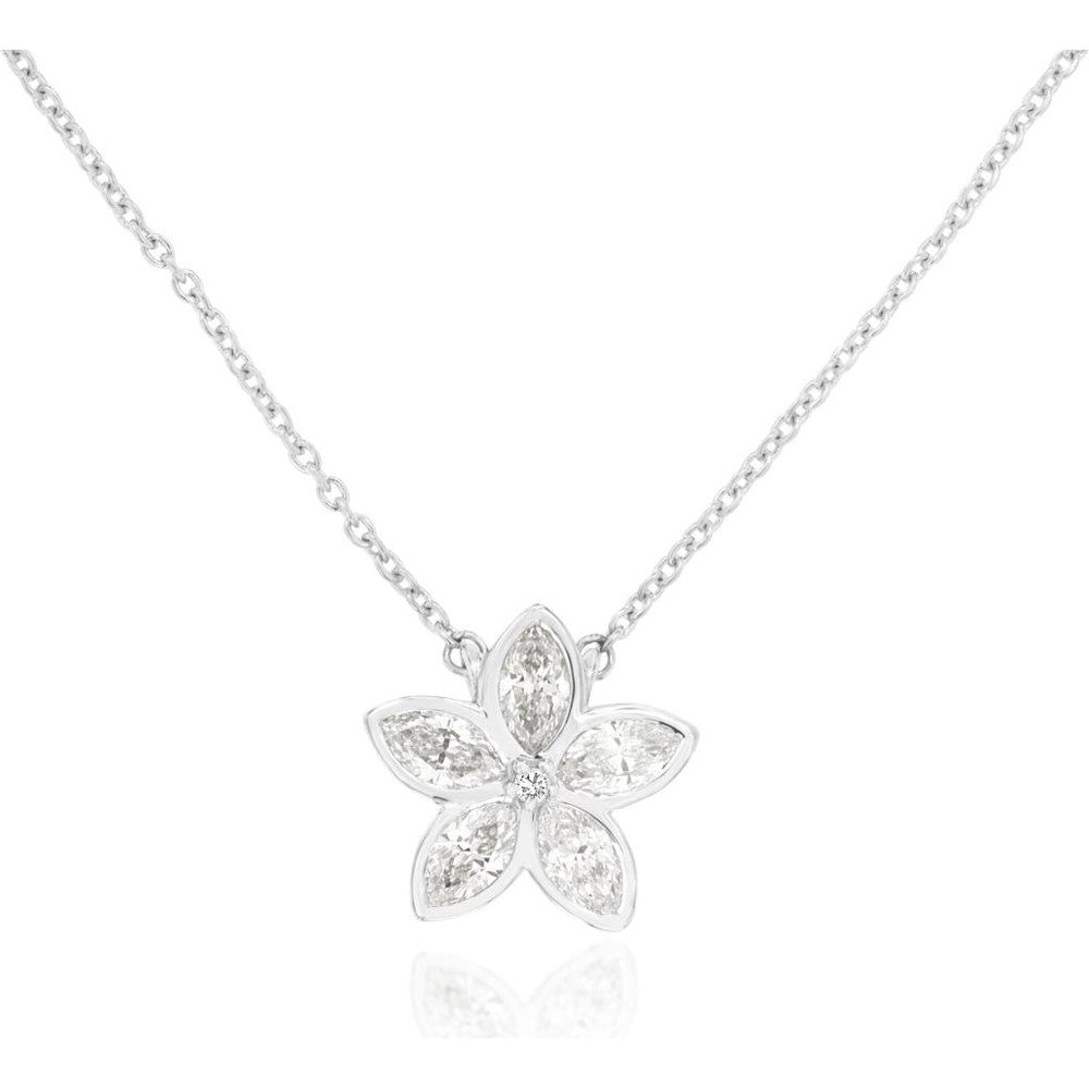14K White Gold Floral Pendant Necklace with Marquise and Round Diamonds - 0.46 Carat Total Diamond Weight - Royal Jewelry