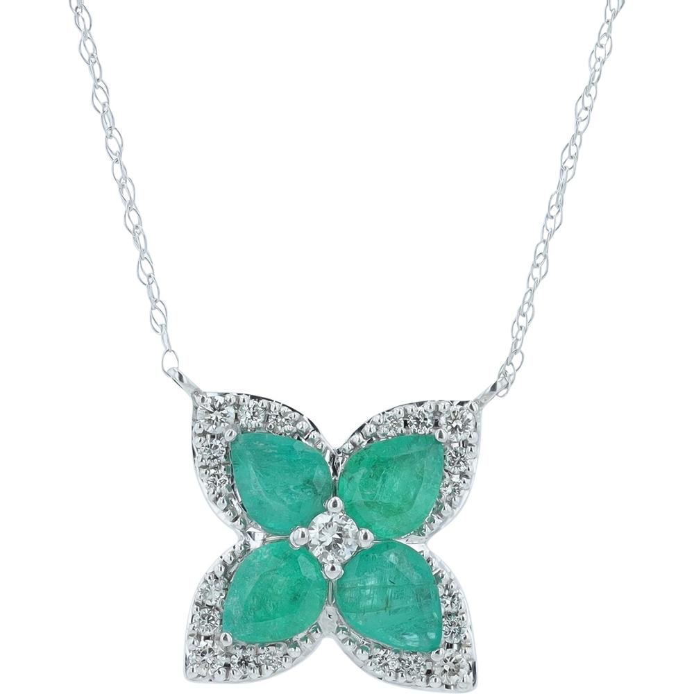 14K White Gold Floral Pendant Necklace with Pear-Shaped Emeralds and Round Diamond Accents - 1.04 Carats to 1.55 Carats Total Gem Weight