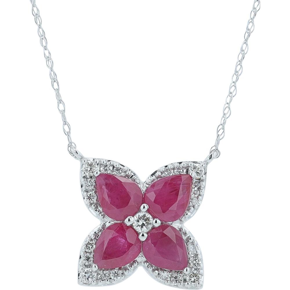 14K White Gold Floral Pendant Necklace with Pear-Shaped Rubies and Diamond Halo - 1.04-1.55 Carats Ruby, 0.18 Carats Diamond