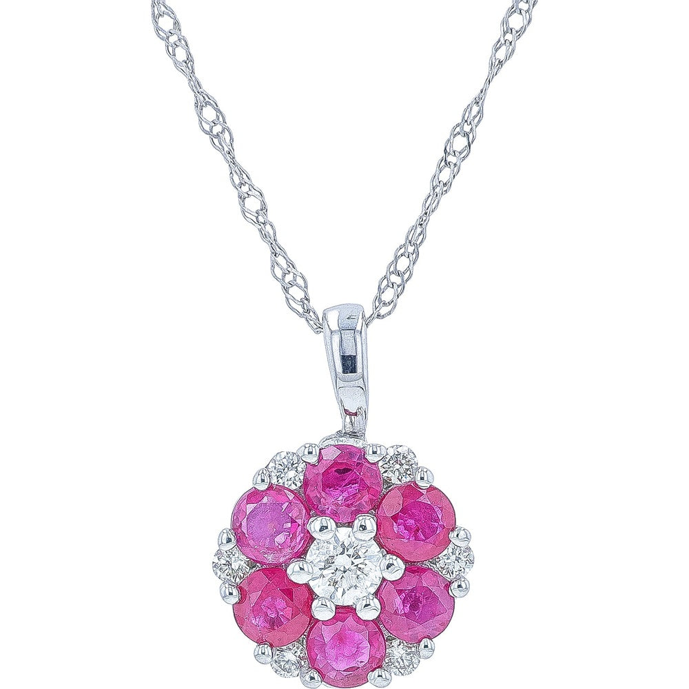 14K White Gold Floral Pendant Necklace with Round Center Diamond and Prong-Set Ruby Petals - 0.15 Carat Total Diamond Weight & 0.65-0.80 Carat Total Ruby Weight