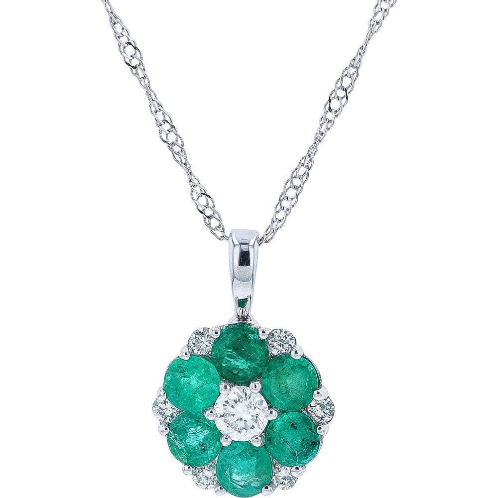 14K White Gold Floral Pendant Necklace with Round Emeralds and Diamond Accents - 0.65 to 0.80 Carat Total Emerald Weight and 0.15 Carat Total Diamond Weight