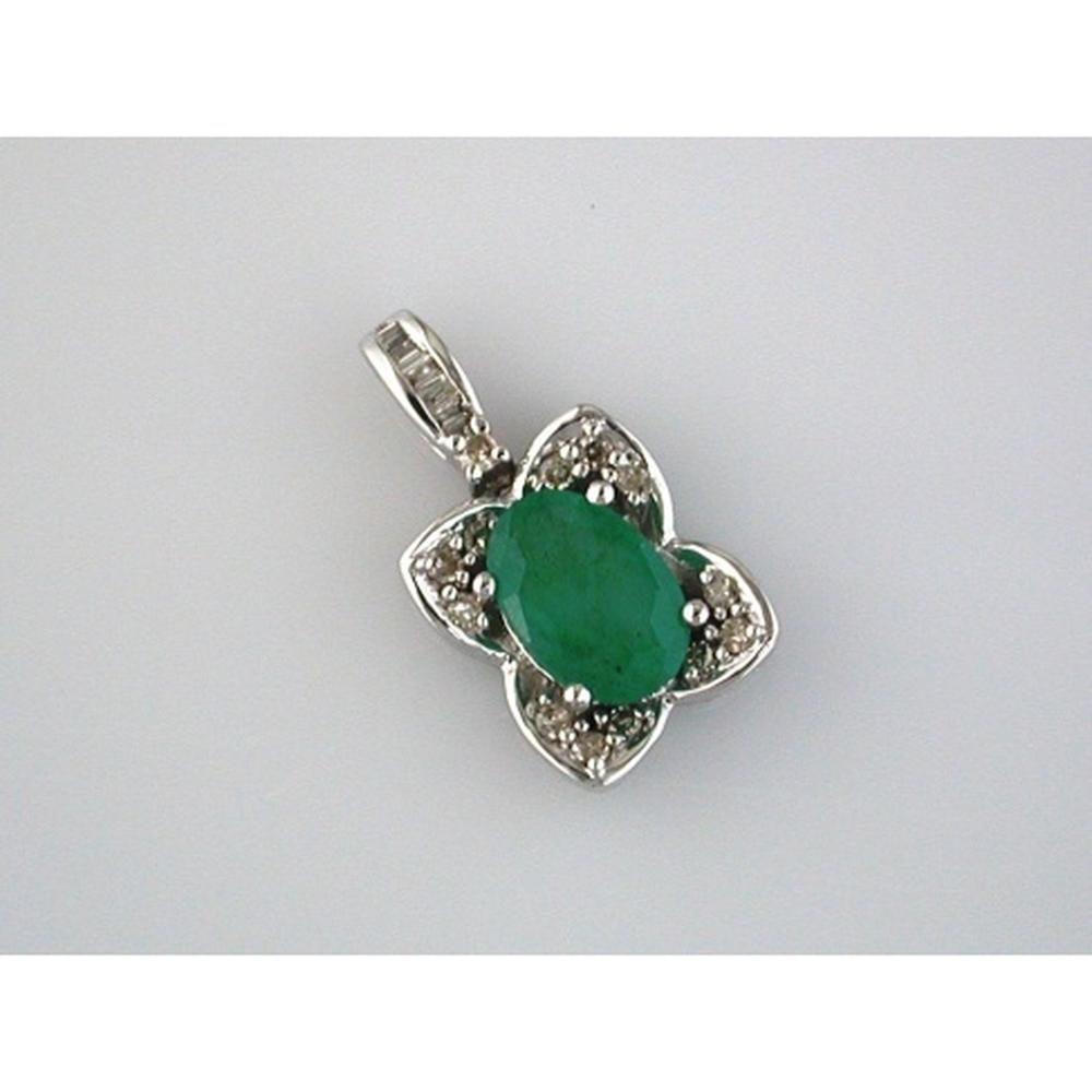 14K White Gold Floral Pendant with 0.95 Carat Oval Emerald and 0.10 Carat Round Diamond Accents - Royal Jewelry