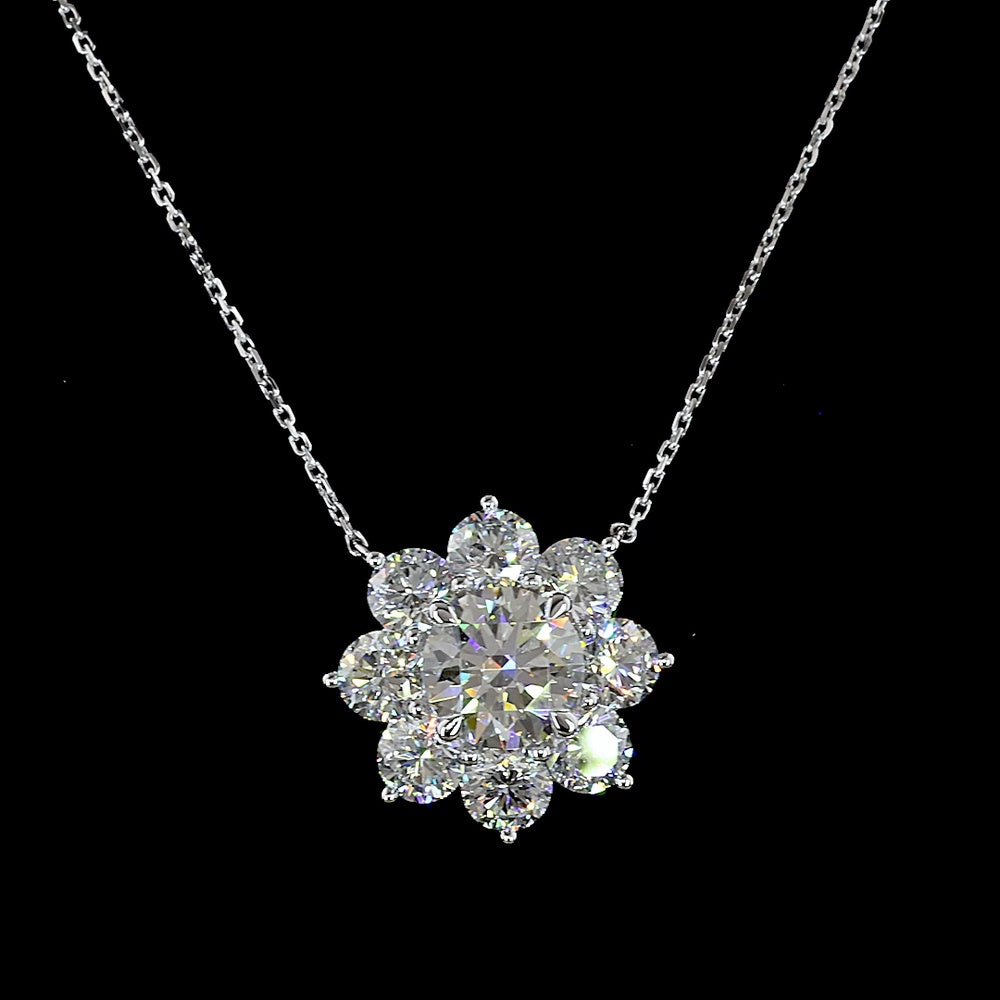 14K White Gold Floral Pendant with 2.01 Carats Round Brilliant Center Diamond and 2.79 Carats Accent Diamonds - 4.80 Carats Total Diamond Weight - Covaloro Fine Jewelry