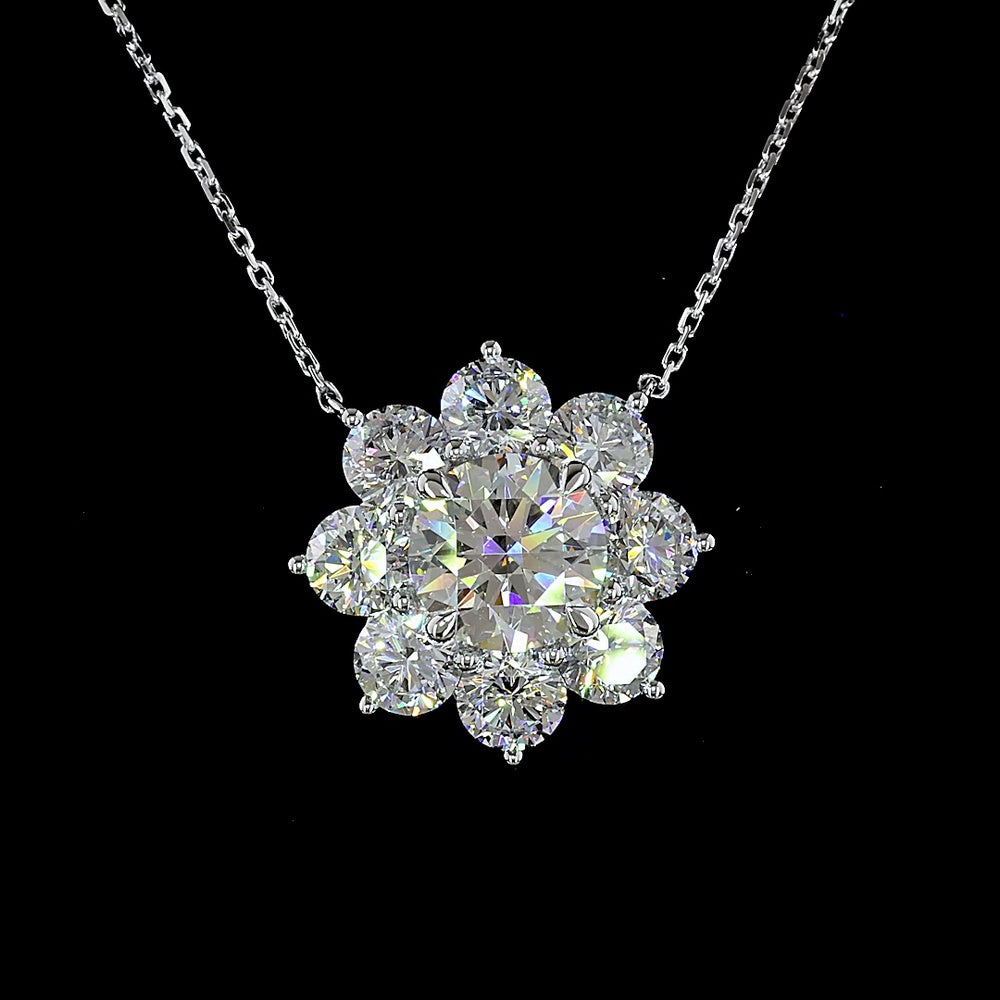 14K White Gold Floral Pendant with 2.01 Carats Round Brilliant Center Diamond and 2.79 Carats Accent Diamonds - 4.80 Carats Total Diamond Weight - Covaloro Fine Jewelry