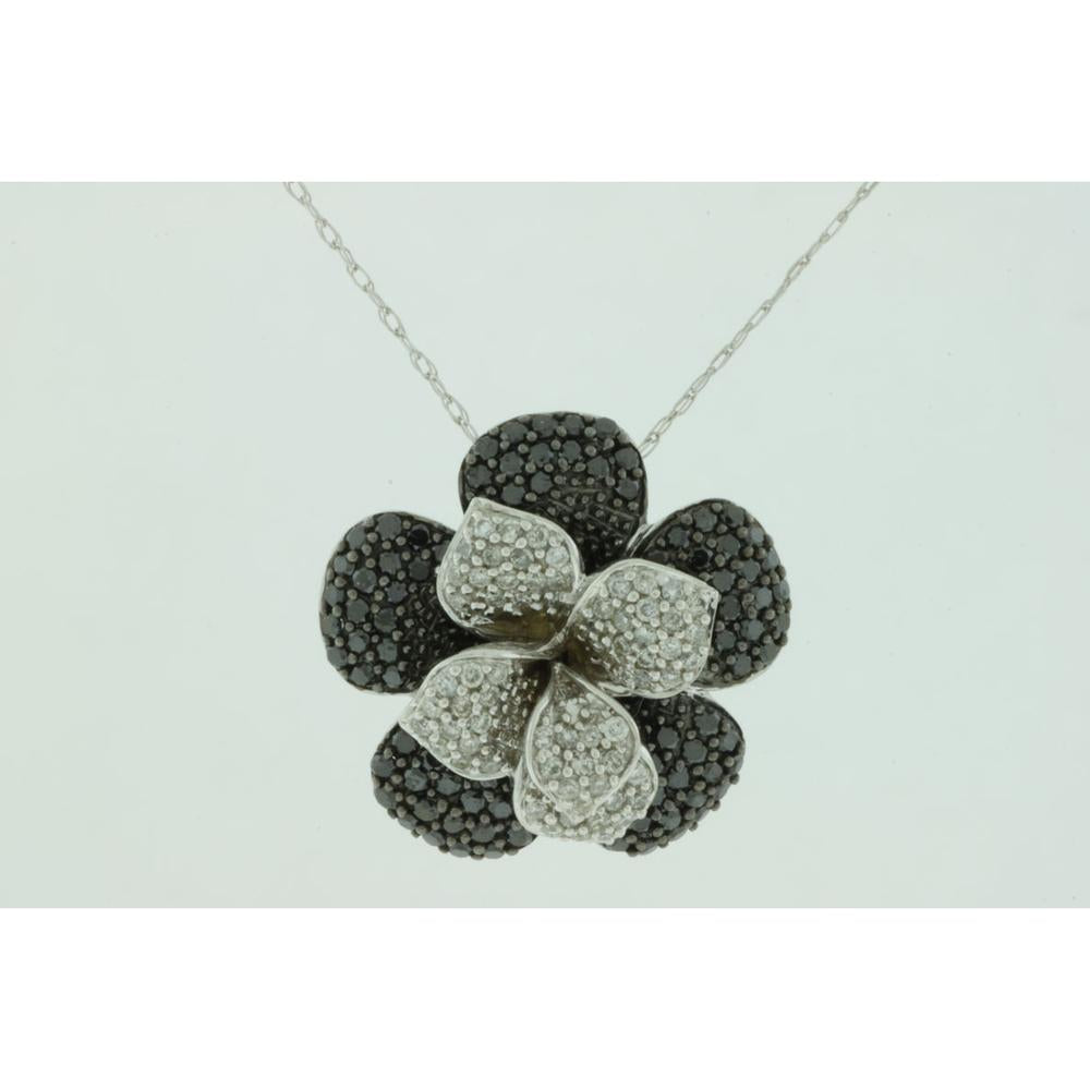 14K White Gold Floral Pendant with Black and White Diamonds - 1.25 Carats Total Diamond Weight
